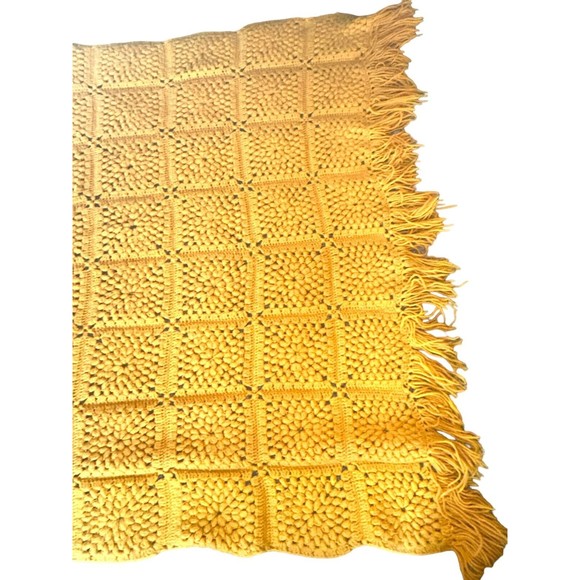 Mustard Crocheted Afghan Granny Square Fringe Retro Throw Blanket 69x46 Handmade - Picture 11 of 14